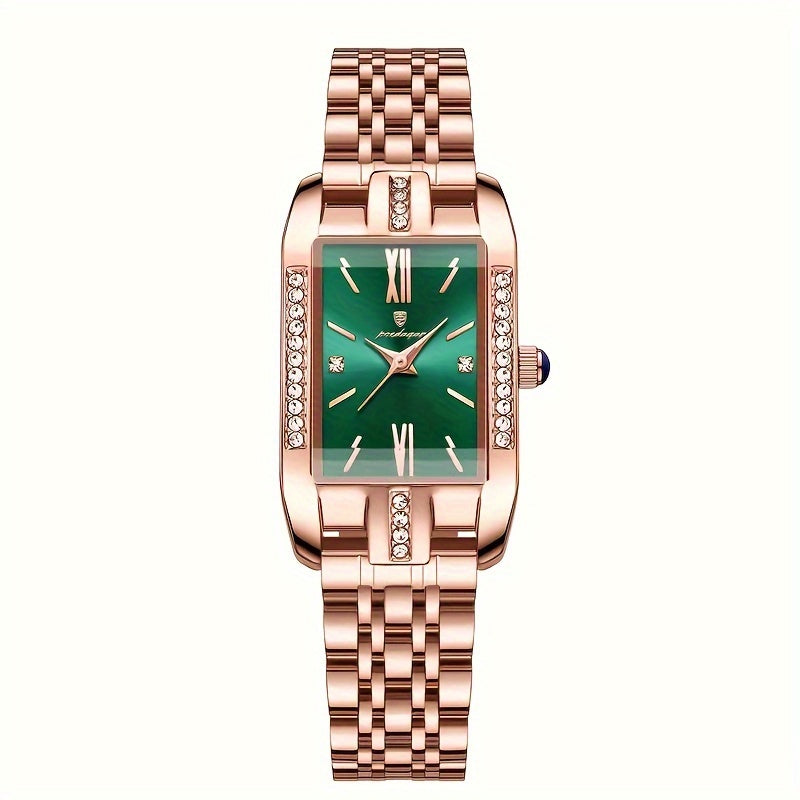 Emerald Green Rectangle Dial Rose Gold Watch