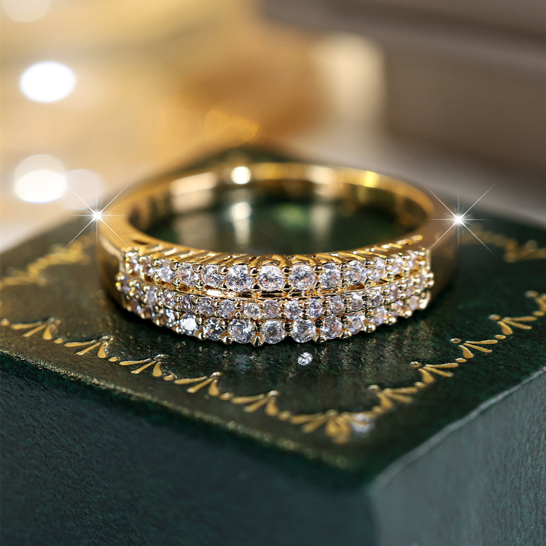 Gold-Plated Crystal Double-Row Ring