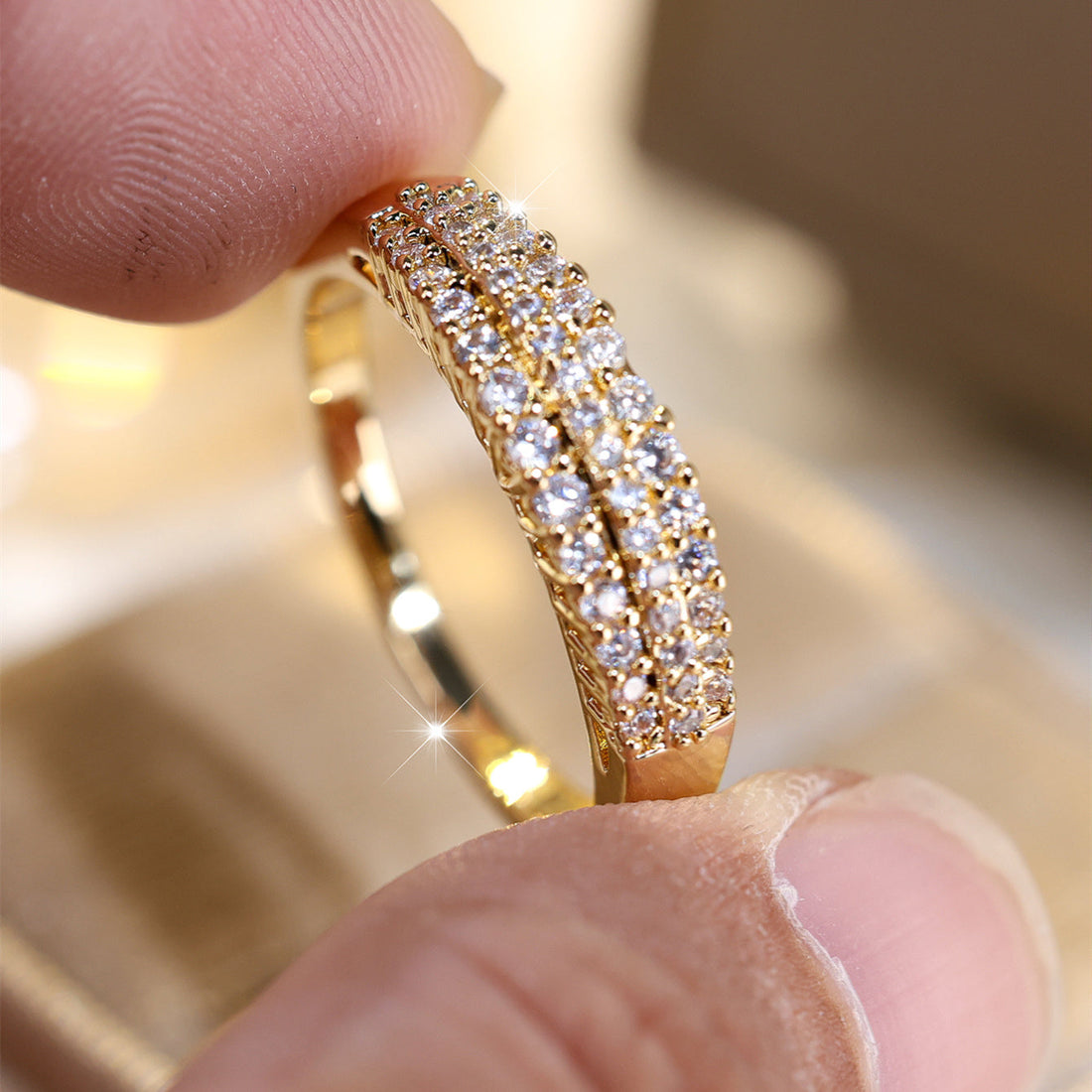 Gold-Plated Crystal Double-Row Ring