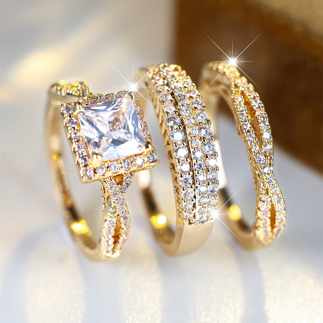 Timeless Gold & Crystal 3-Piece Ring Set