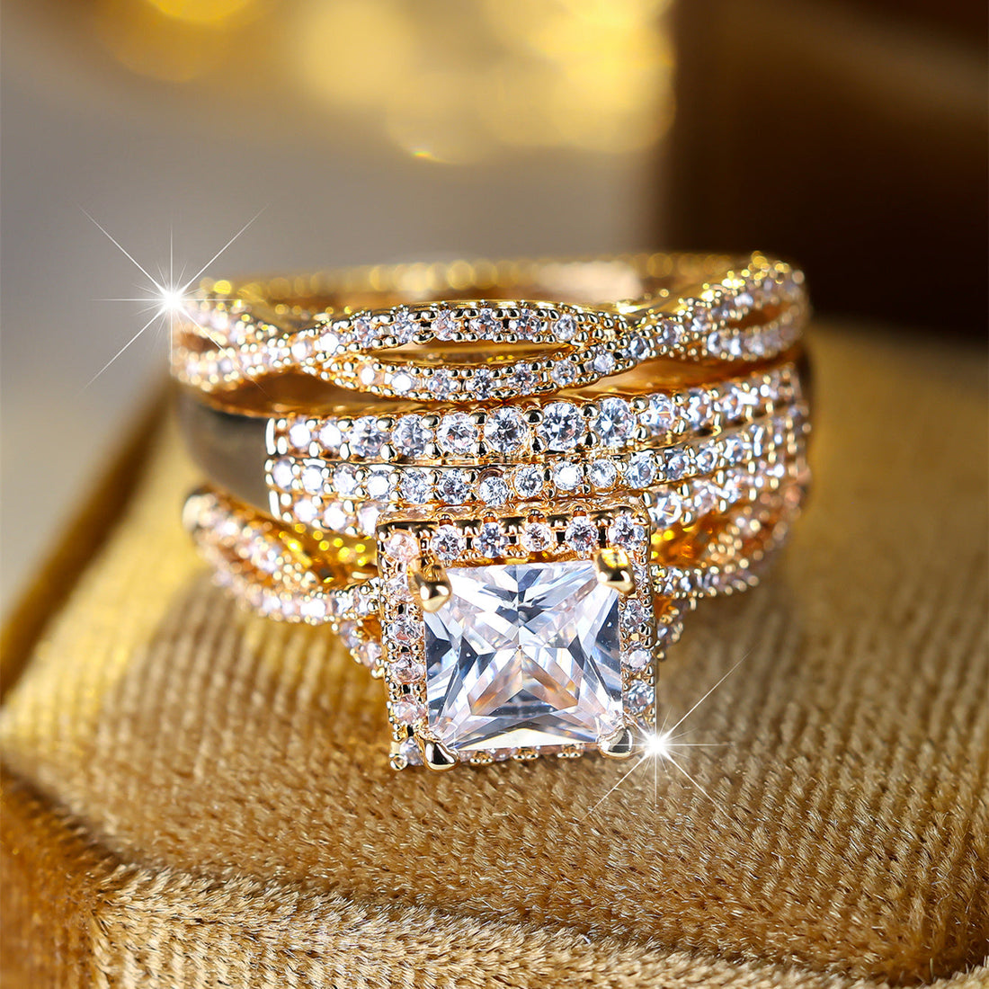 Timeless Gold & Crystal 3-Piece Ring Set