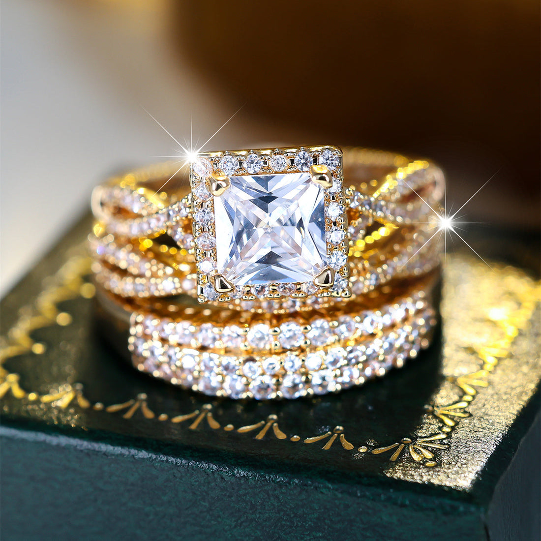 Timeless Gold & Crystal 3-Piece Ring Set