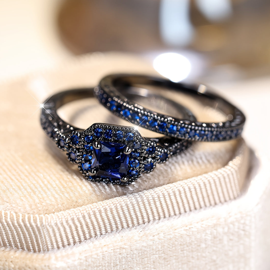 Midnight Sapphire Black Gold Engagement Ring Set