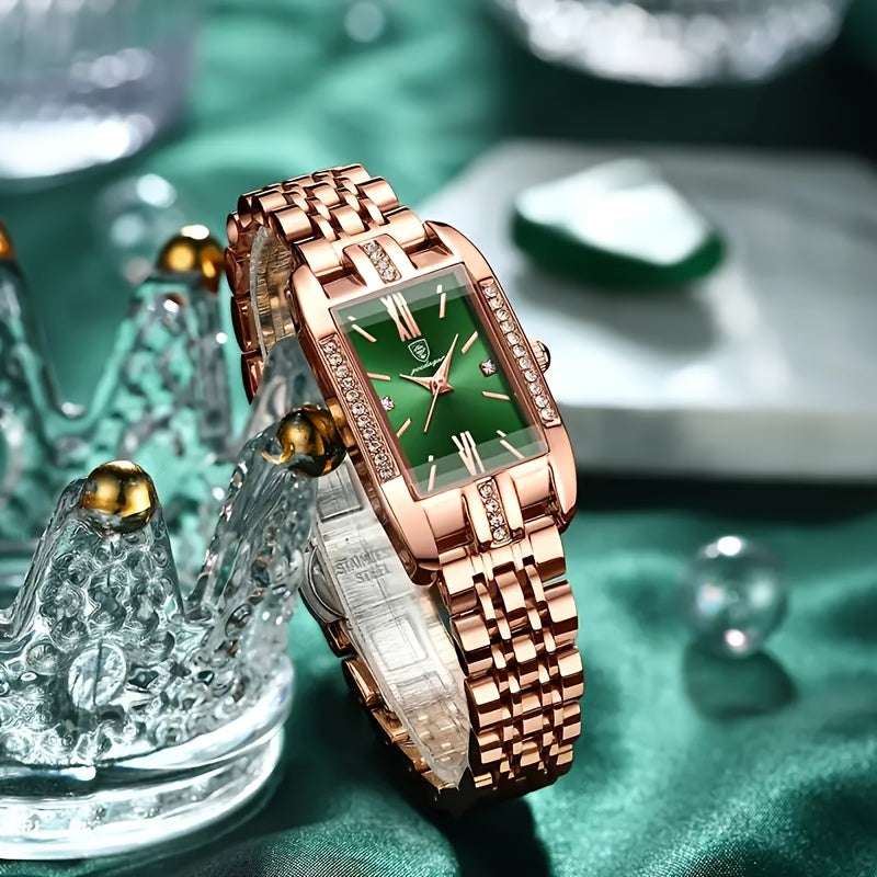 Emerald Green Rectangle Dial Rose Gold Watch