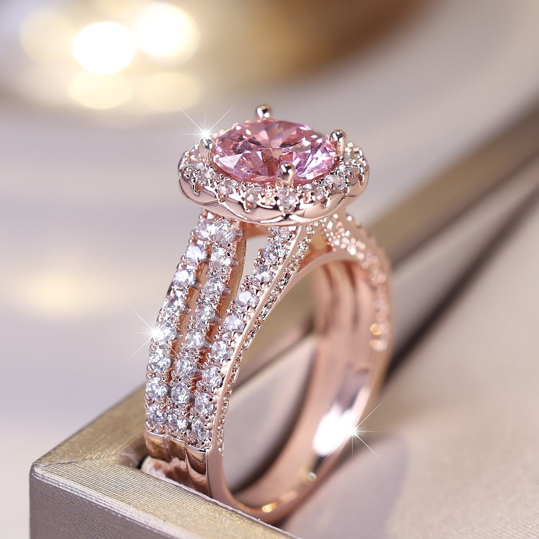 Rose Gold Pink Sapphire Halo Ring