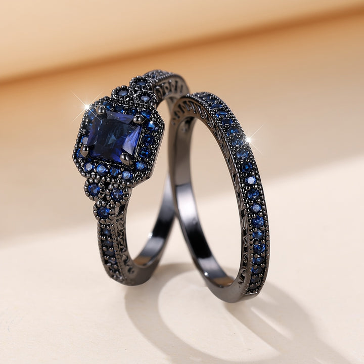 Midnight Sapphire Black Gold Engagement Ring Set