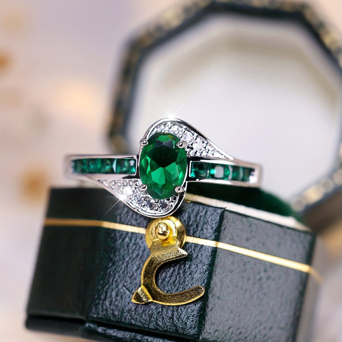 Radiant Green Oval Emerald Ring