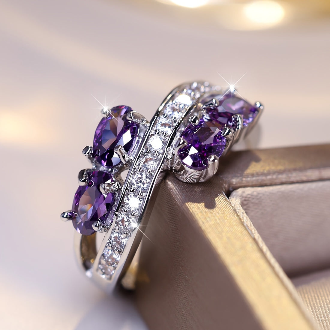 Lavender Amethyst and Diamond Wave Ring