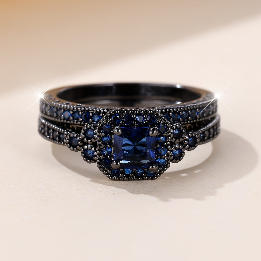 Midnight Sapphire Black Gold Engagement Ring Set