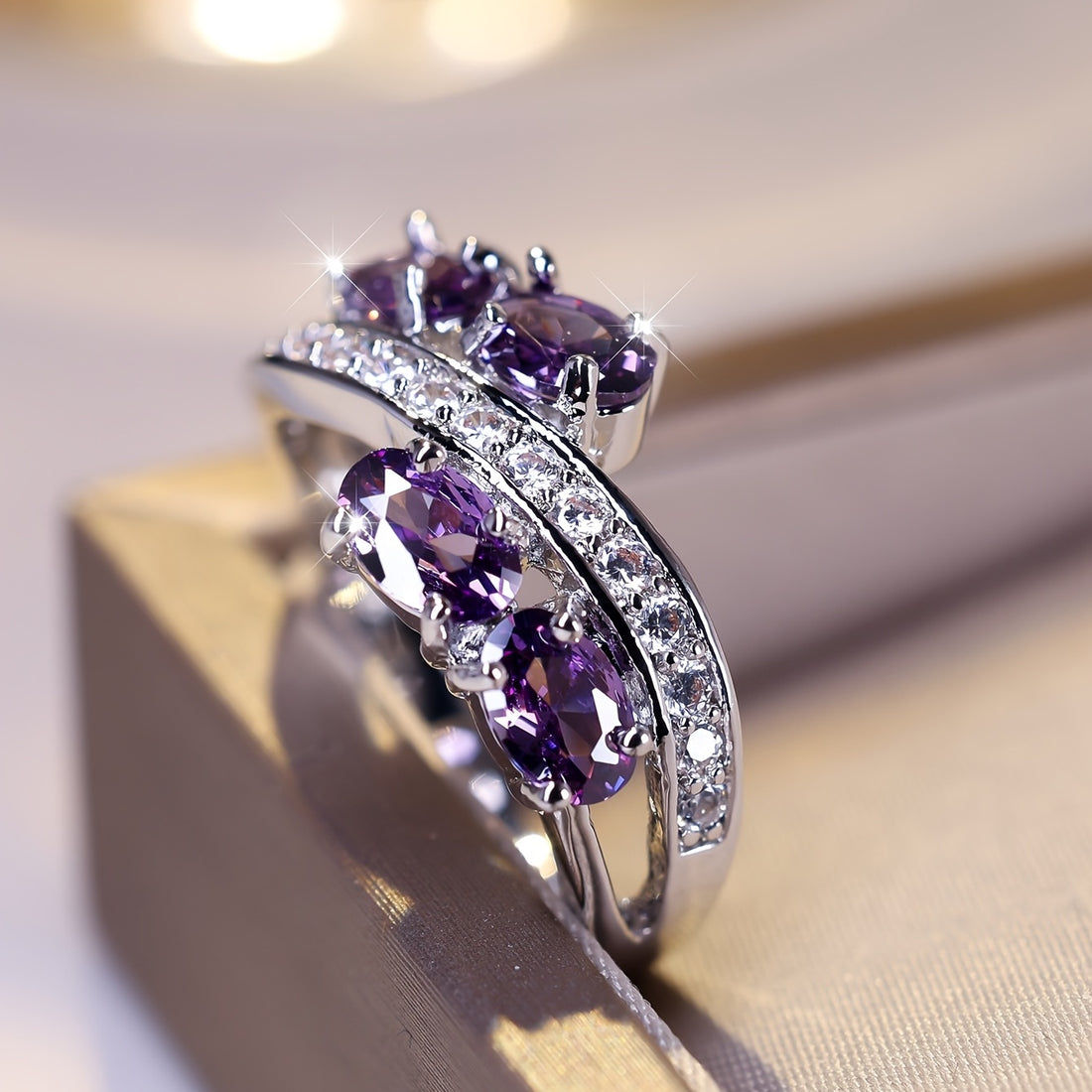 Lavender Amethyst and Diamond Wave Ring