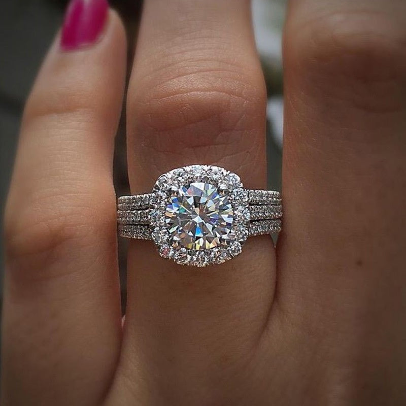 Triple-Band Cushion-Cut Diamond Halo Engagement Ring