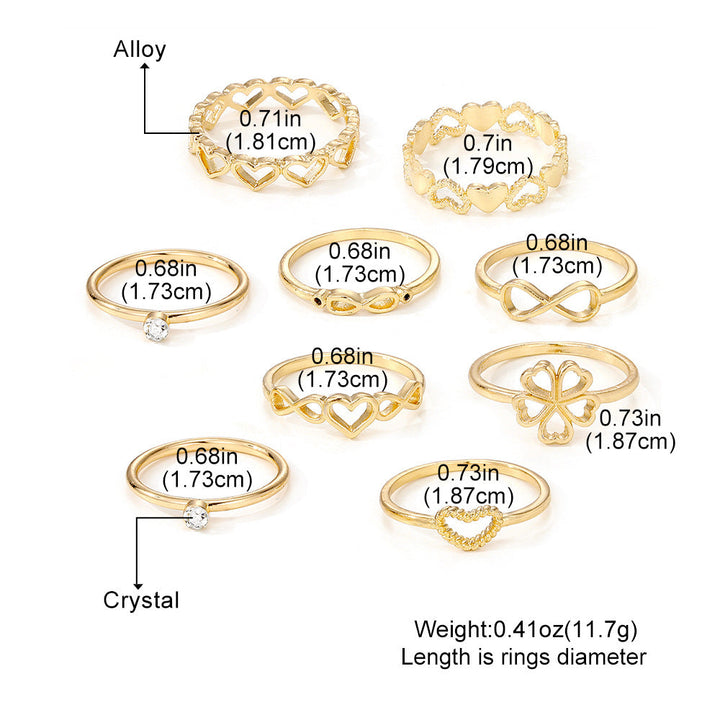 Elegance Meets Versatility: 9-Piece Gold Heart Rings Set