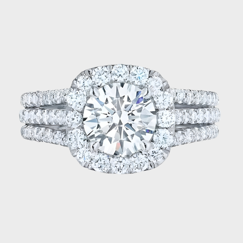 Triple-Band Cushion-Cut Diamond Halo Engagement Ring