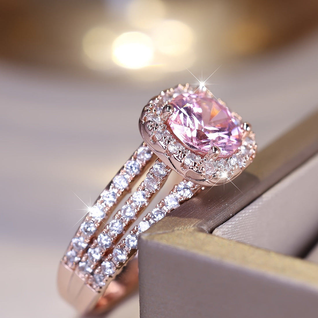 Rose Gold Pink Sapphire Halo Ring