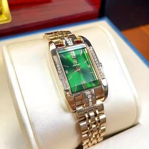 Emerald Green Rectangle Dial Rose Gold Watch