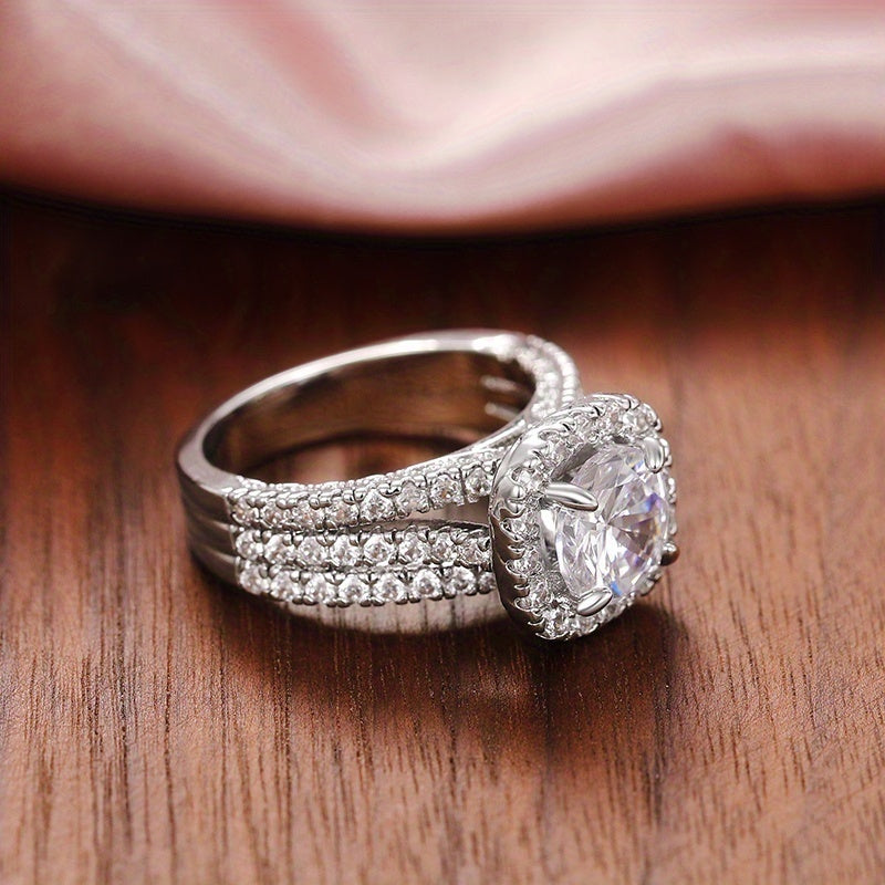 Triple-Band Cushion-Cut Diamond Halo Engagement Ring