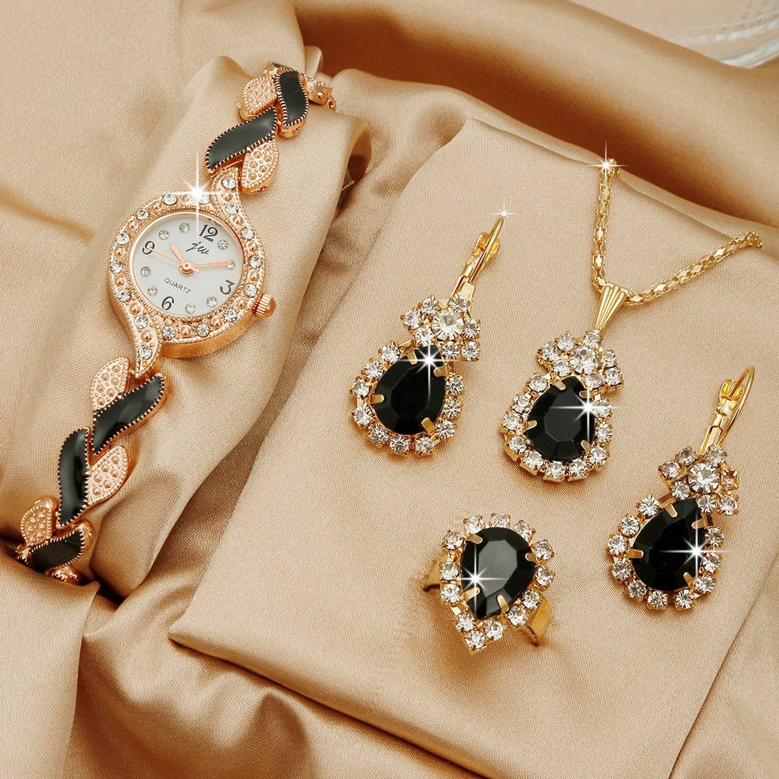 Diamond Inlaid Quartz Watch & Jewelry Set