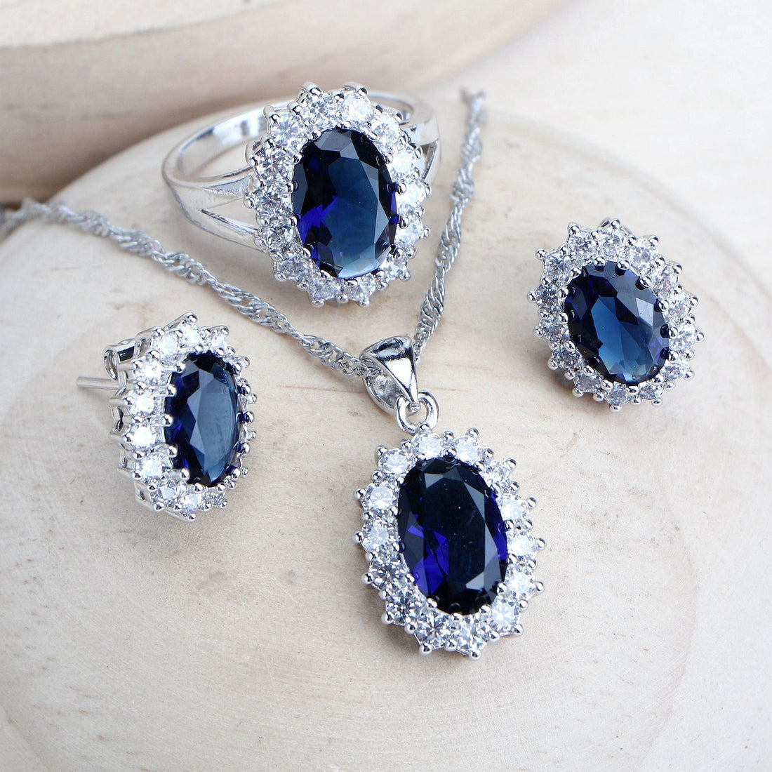 Silver Bridal Jewelry Set with Blue Zirconia - Fine Costume Jewellery for Weddings