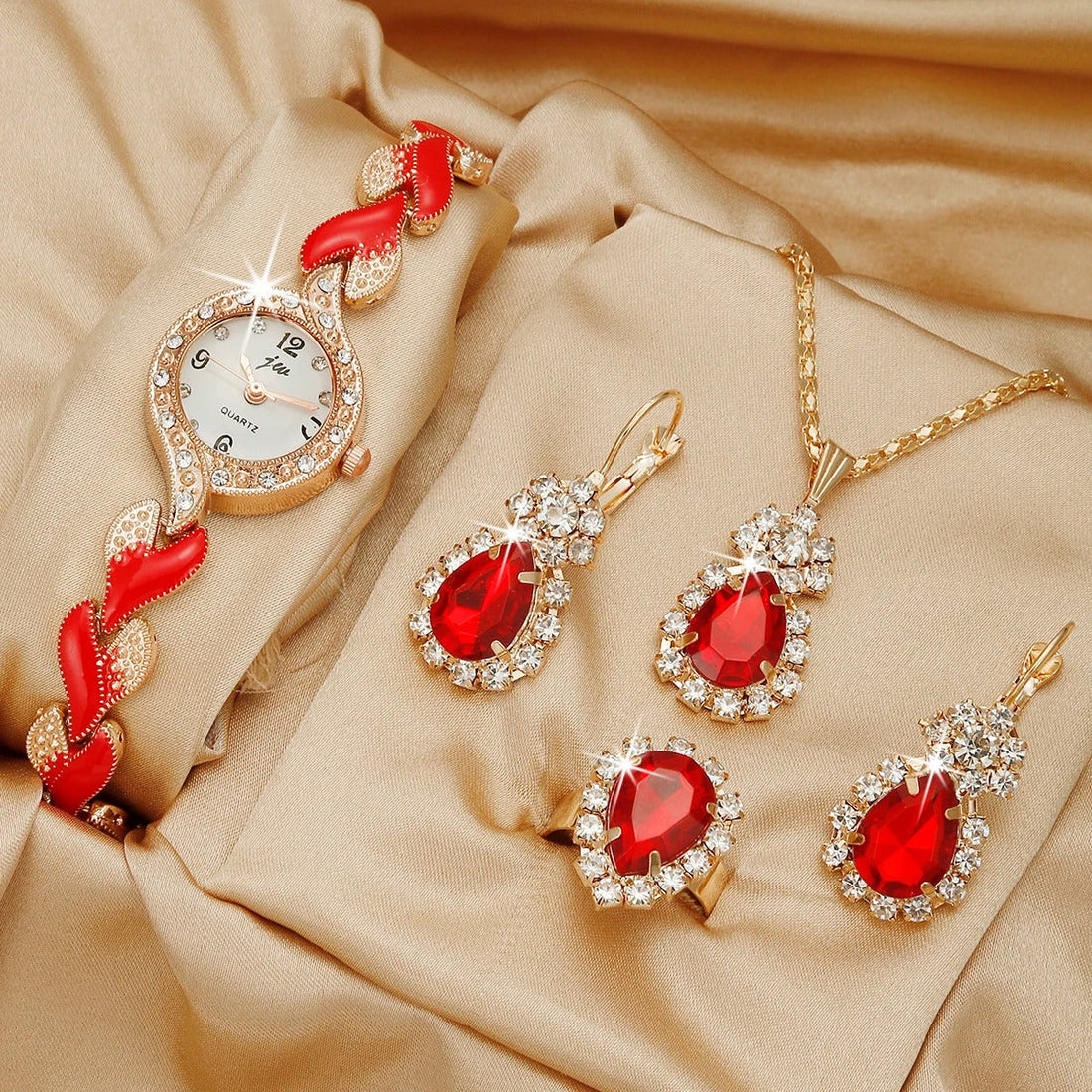 Diamond Inlaid Quartz Watch & Jewelry Set