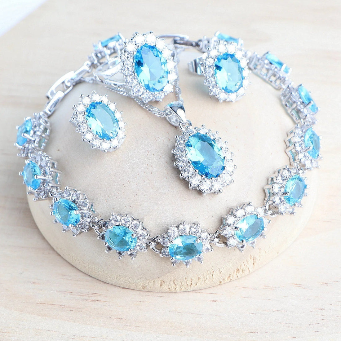 Silver Bridal Jewelry Set with Blue Zirconia - Fine Costume Jewellery for Weddings